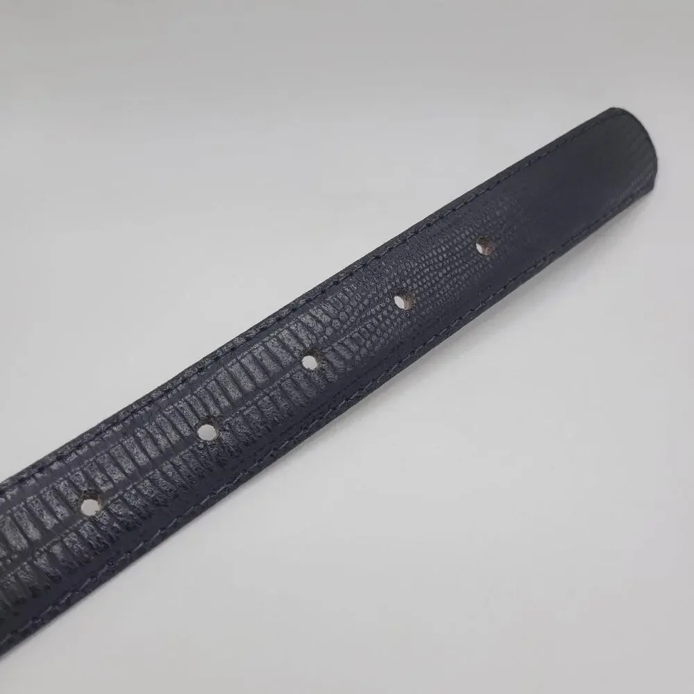 VTG Leather Shop Belt Lg Black Leather Lizard Embossed Round Buckle 80s Retro